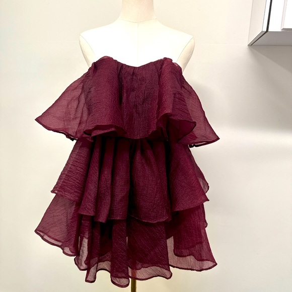 Altar'd State Dresses & Skirts - NWT Altar’d State Burgundy Strapless Tiered Ruffle Mini Dress – Size S